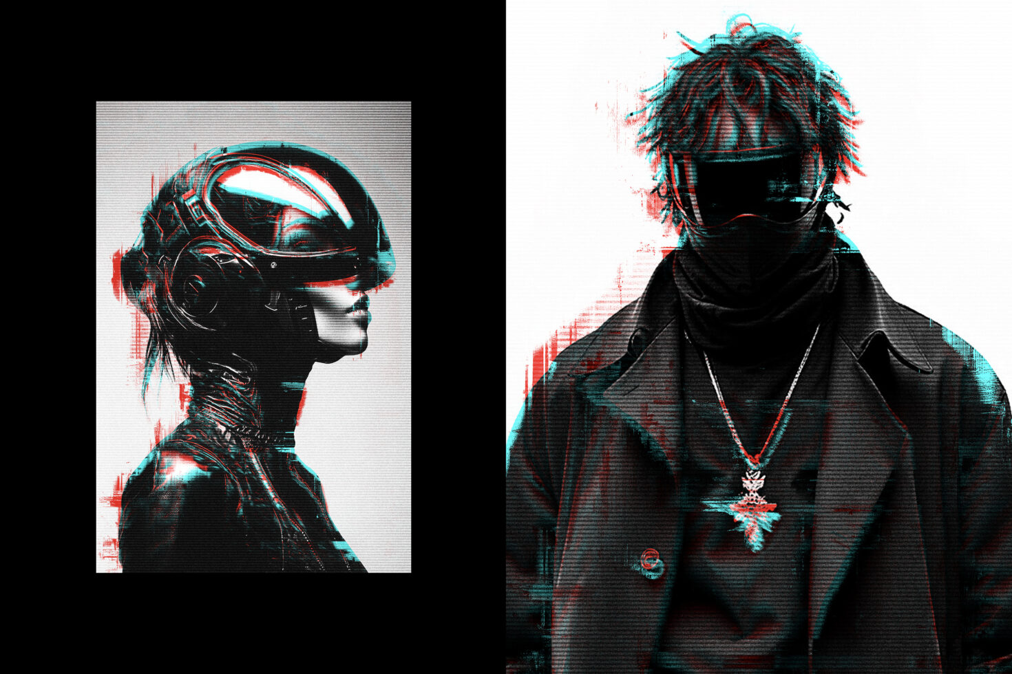 Futuristic digital art featuring a cyborg woman and masked man with glitch effect. Perfect for graphic designers seeking sci-fi themed assets or mockups.