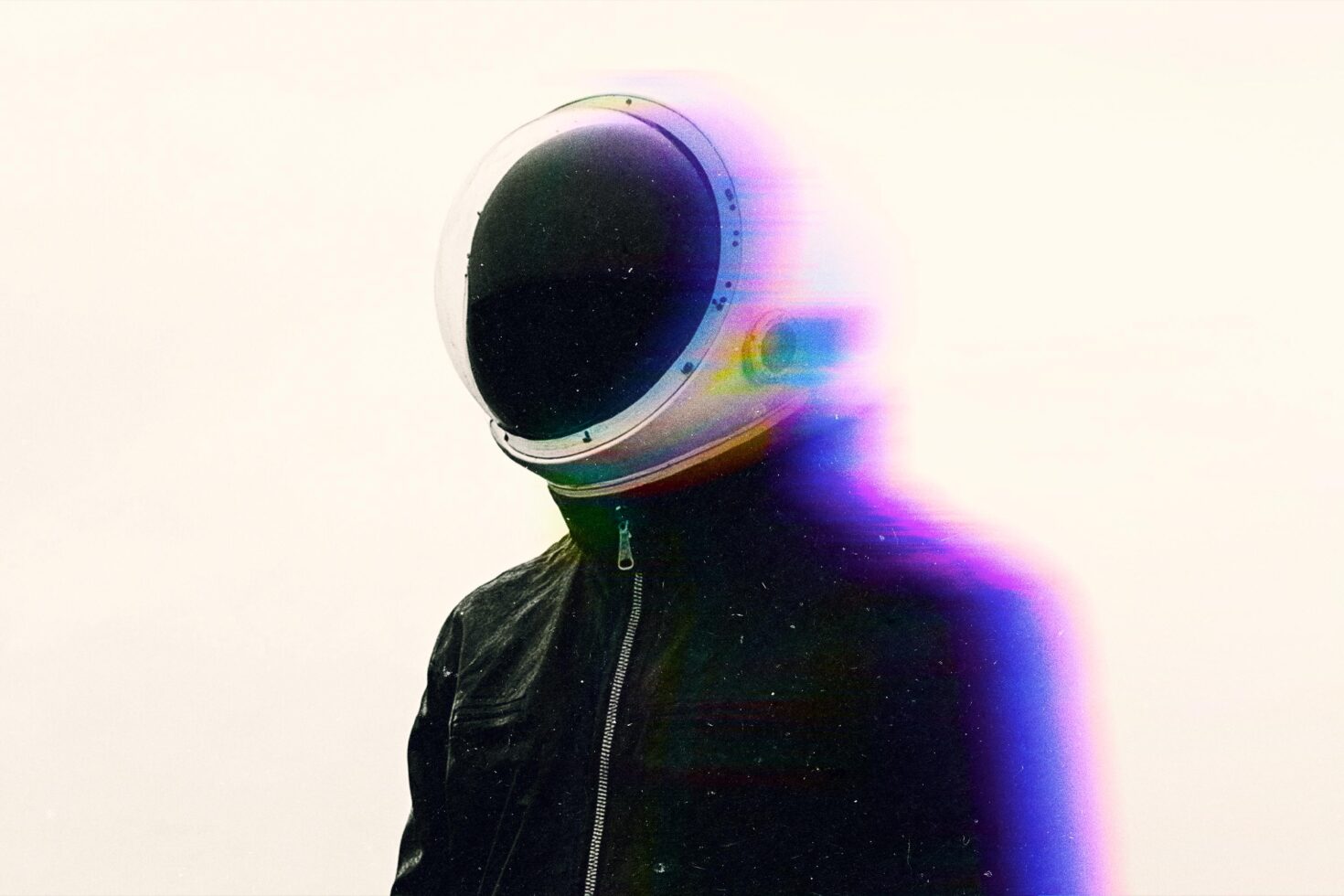 Astronaut helmet with neon glitch effect on white background. Perfect for digital art, graphic design, futuristic themes, creative projects.
