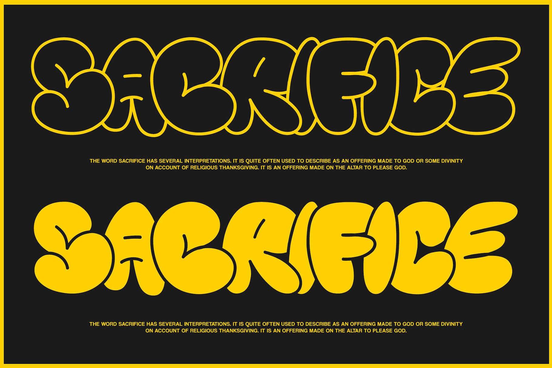 Bold yellow font reading Sacrifice on black background. Suitable for typography projects, graphic design, digital assets, designer resource, font style.