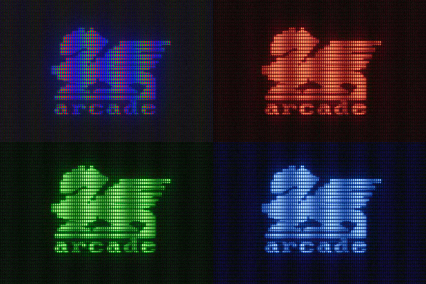 Retro arcade graphic design in pixel art style with a winged horse logo. Multicolored variations: blue, red, green, and cyan. Perfect for design mockups.