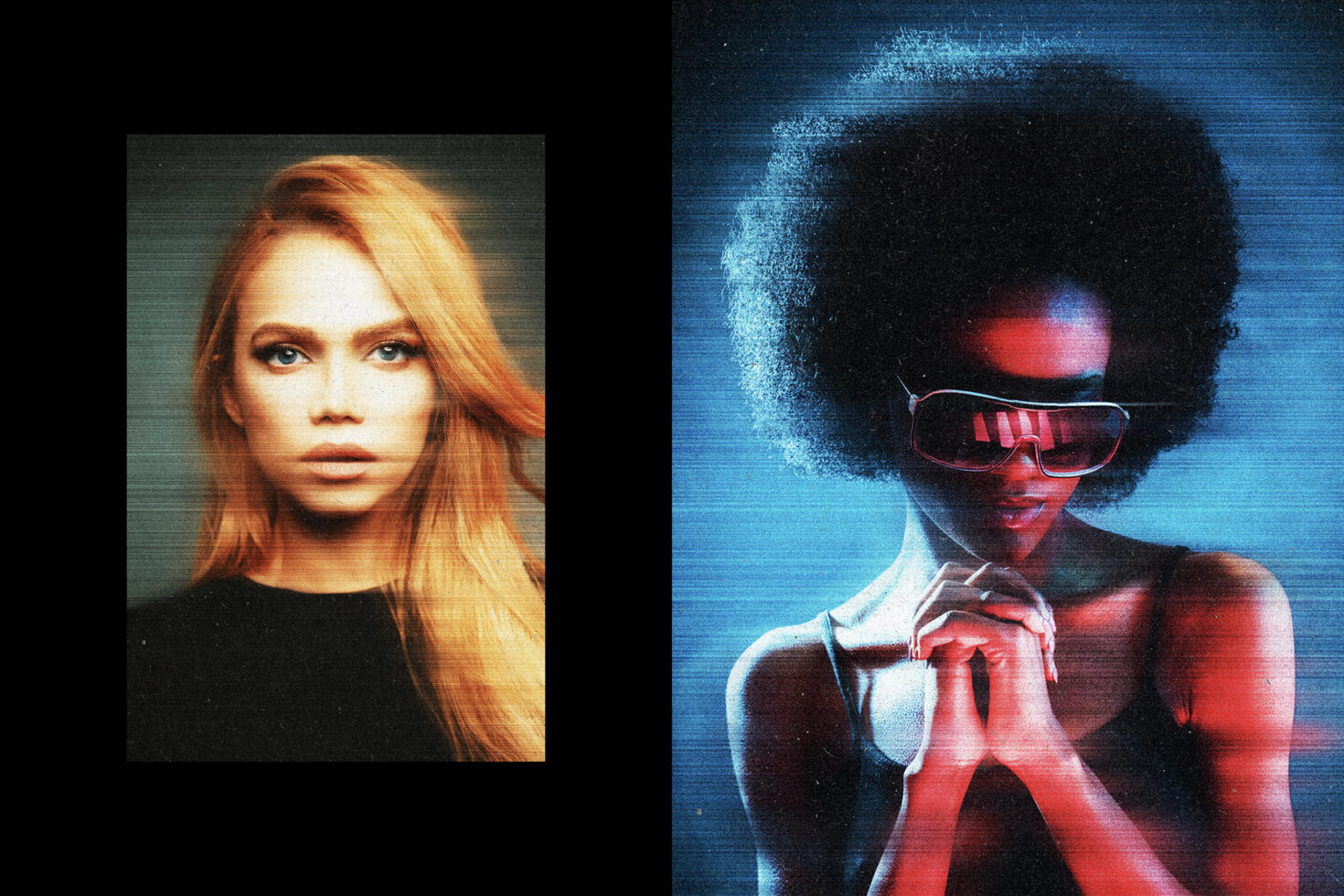 Vibrant portrait diptych with retro effect. Left side displays a woman with red hair, right side features a woman in shades with afro. Perfect for graphic designers.
