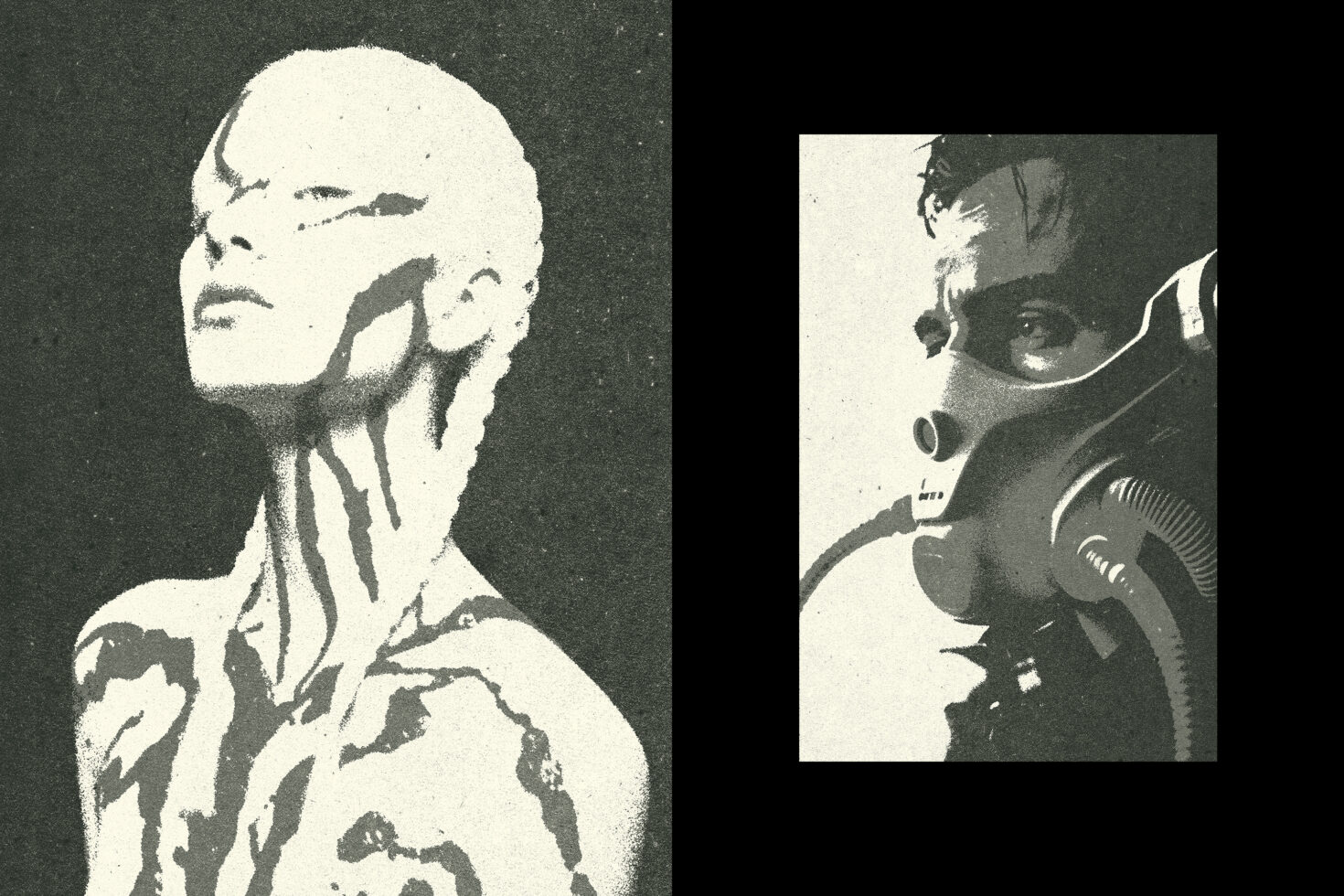 Abstract black and white graphic design featuring a stylized portrait and a person in a gas mask. Ideal for templates and creative assets.