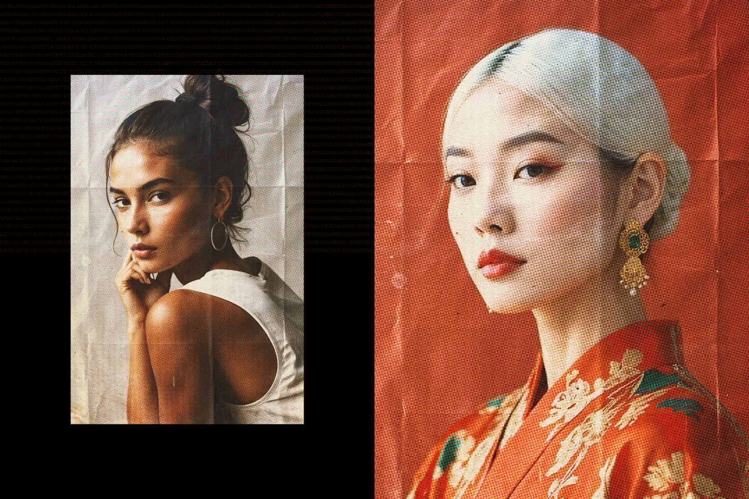 Portrait duo with textured vintage aesthetic. Fashionable women in contemplative poses. Ideal for graphic designers seeking inspiration or mockup resources.