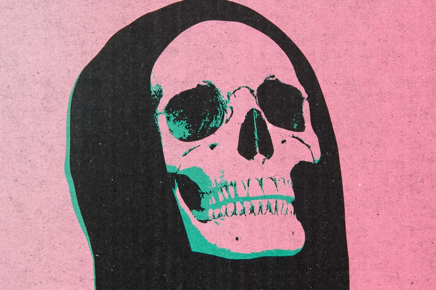 Illustrated skull in a hood on a textured pink and black background Graphic design asset for designers Skull illustration for creative projects