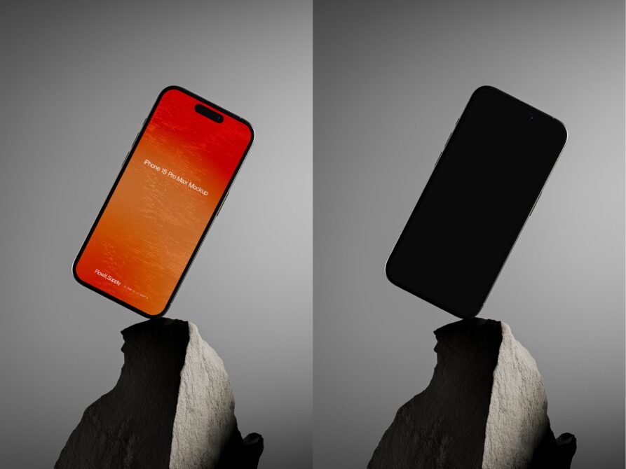 iPhone 15 Pro Max mockup featuring two phones on a rock against a gray background. Ideal for designers seeking realistic device mockup templates.