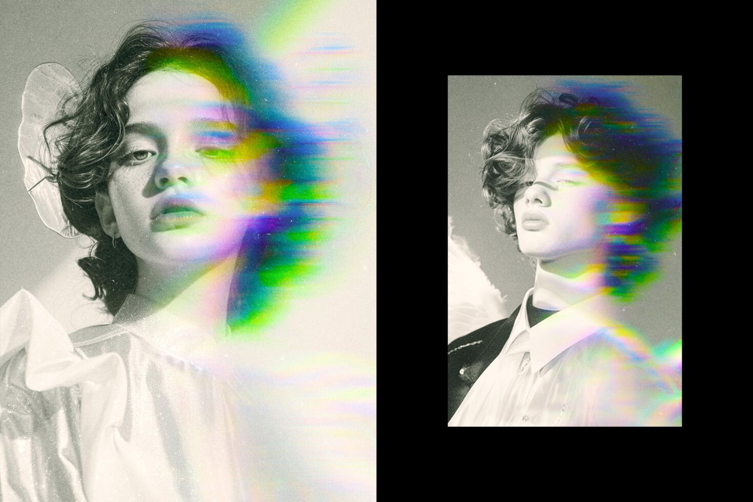 Abstract portrait with colorful glitch effect on a black and white photo. Ideal for designers needing unique graphics. Retro digital art aesthetic.