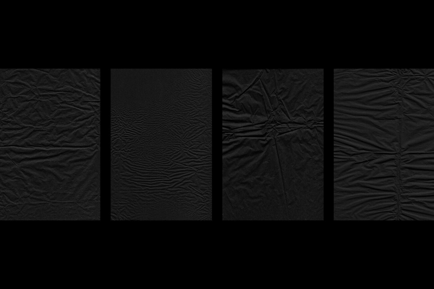 Four crumpled black fabric swatches showing different wrinkled surface textures
