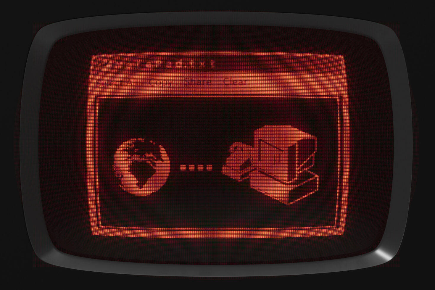 Retro computer screen mockup displaying an orange text file editor with a pixelated globe and computer icons. Perfect for vintage digital graphic projects.