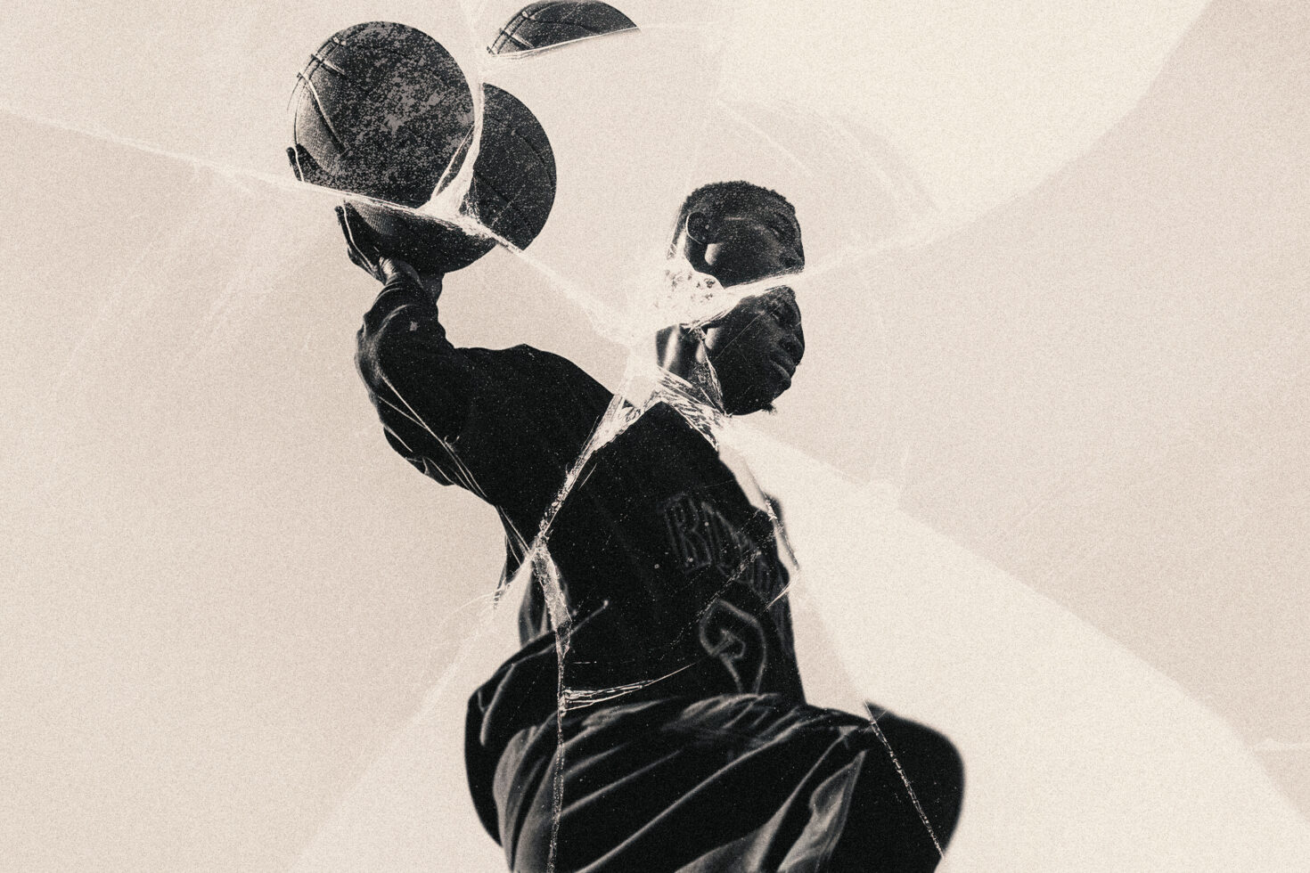 Grunge basketball player artwork with vintage texture overlay. Urban sports graphic. Designer digital asset for posters, templates, mockups.