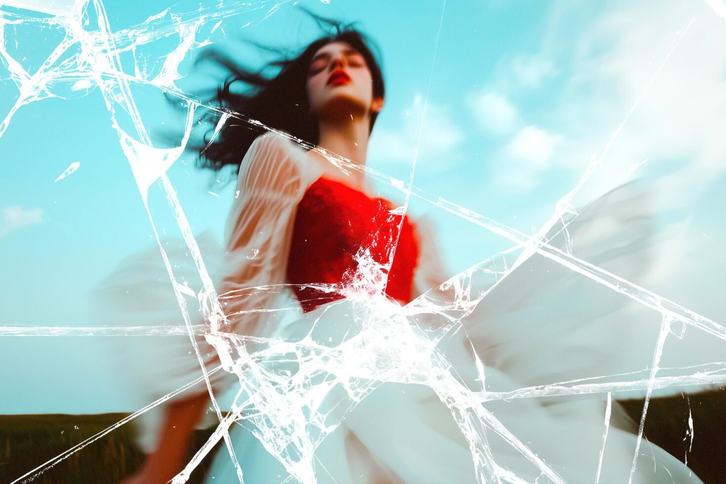 Abstract digital art showing a person in motion with shattered glass effect overlay. Vibrant colors with red and blue tones. Ideal for graphic design projects.