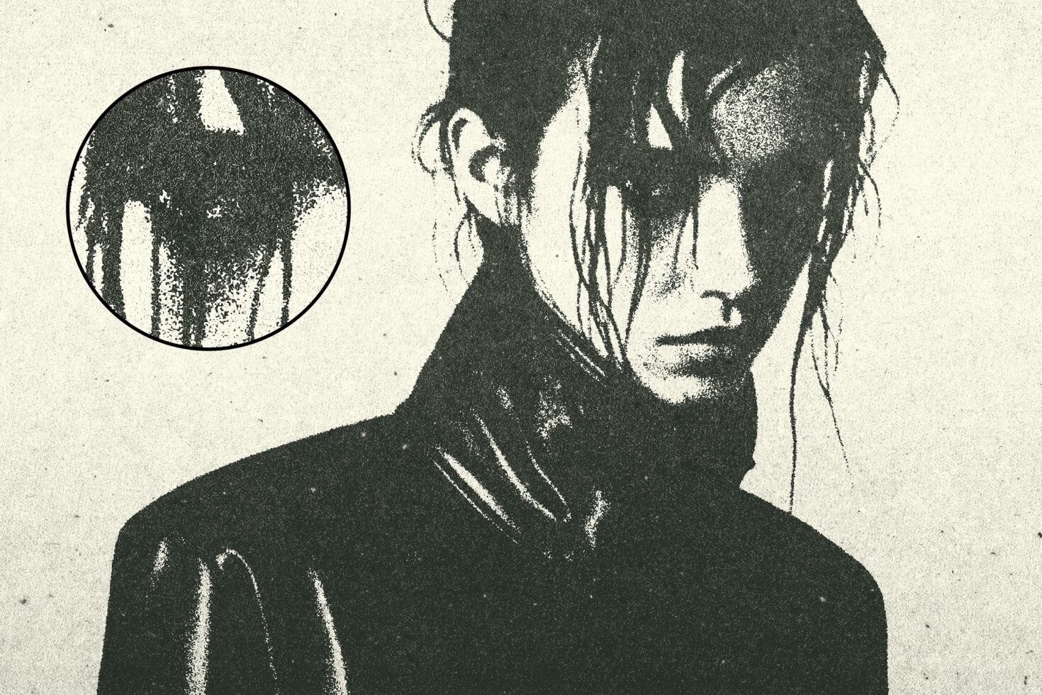 Vintage halftone portrait of a person in high-collar jacket with textured detail. Ideal for graphic design projects print mockups and retro templates.
