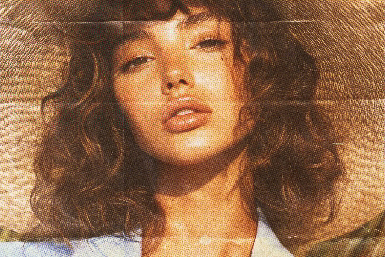 Vintage halftone portrait of a woman with wavy brunette hair and a hat. Retro texture suitable for graphic design mockups and digital collage templates.