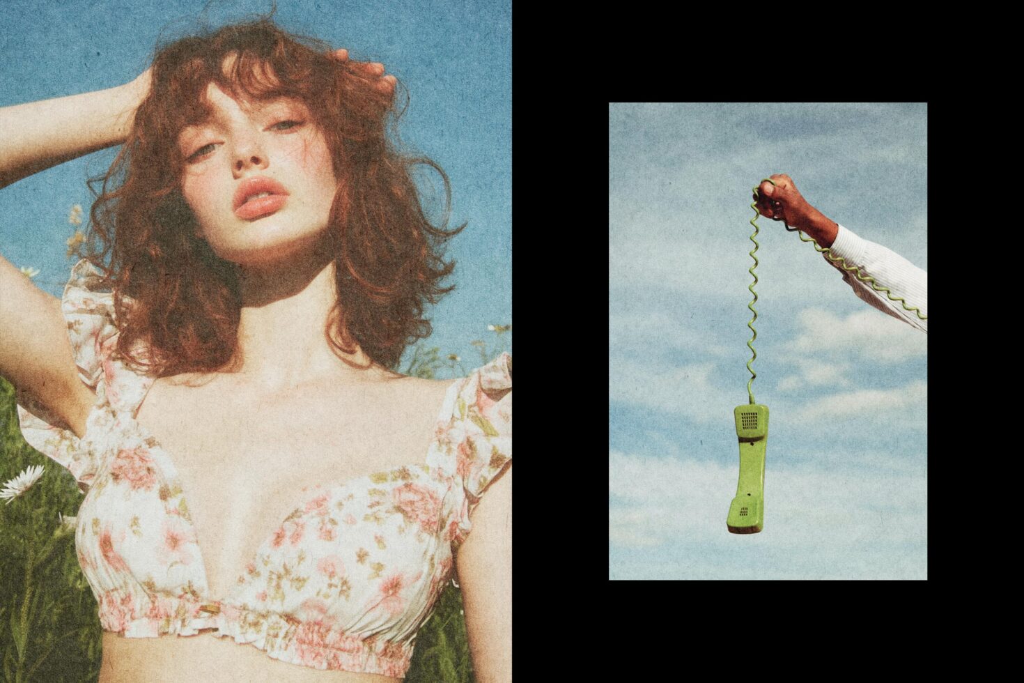 Vintage-inspired graphic image showing a woman in a floral dress with curly hair, paired with a retro green phone handset against a sky backdrop for designers.