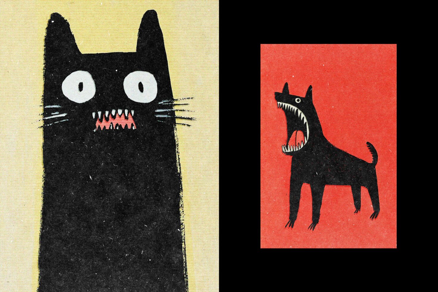 Vintage illustration featuring a black cat with wide eyes on yellow background and a barking dog with sharp teeth on red background. Ideal for graphic design.