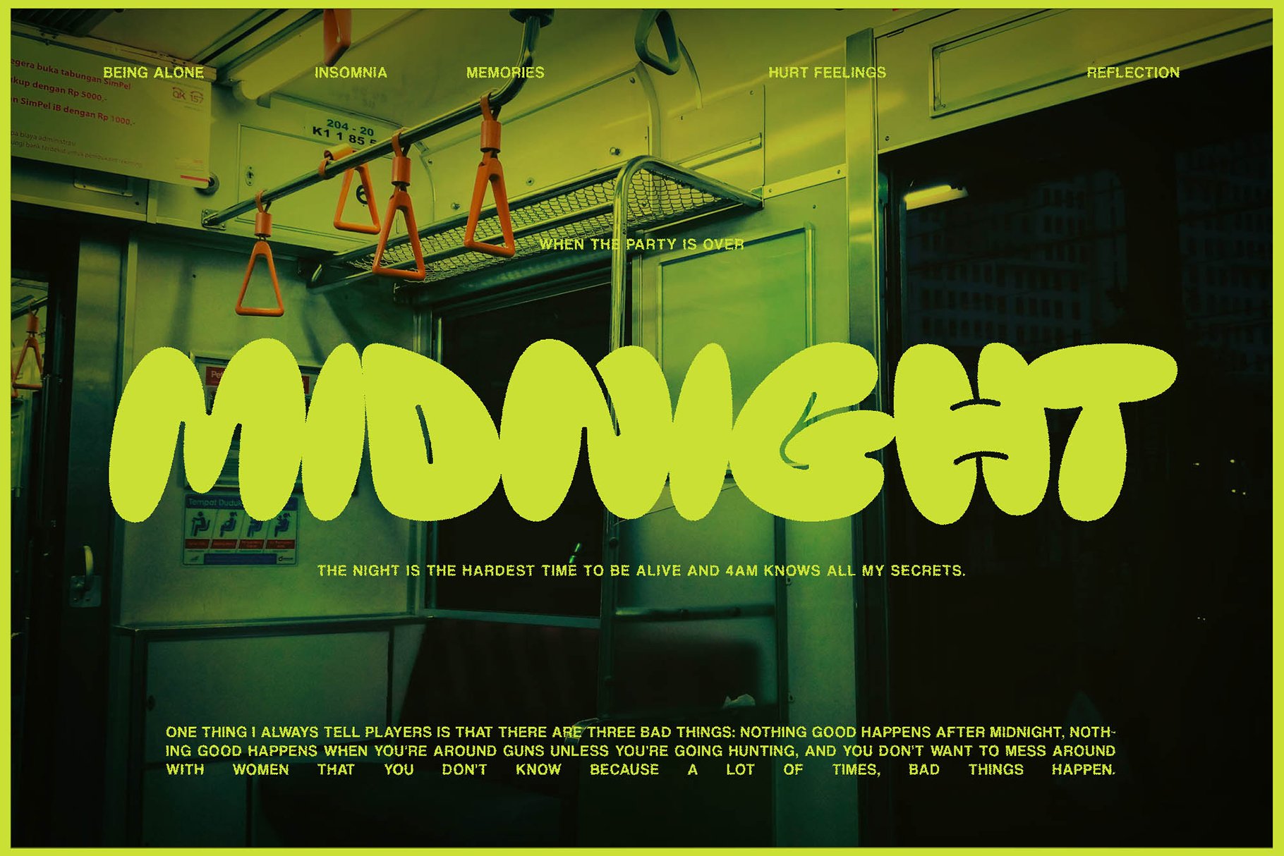 Dark and moody urban mockup design with bold midnight font, reflective themes: Being Alone, Insomnia, Memories, ideal for graphic designers.