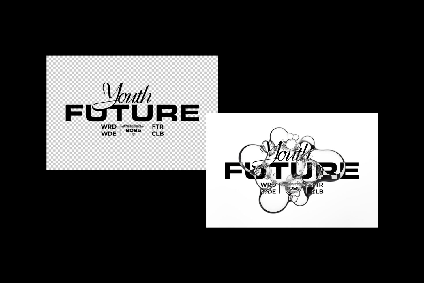 Modern youth-themed typography graphics featuring bold and elegant fonts with transparent and abstract backgrounds, ideal for design projects.