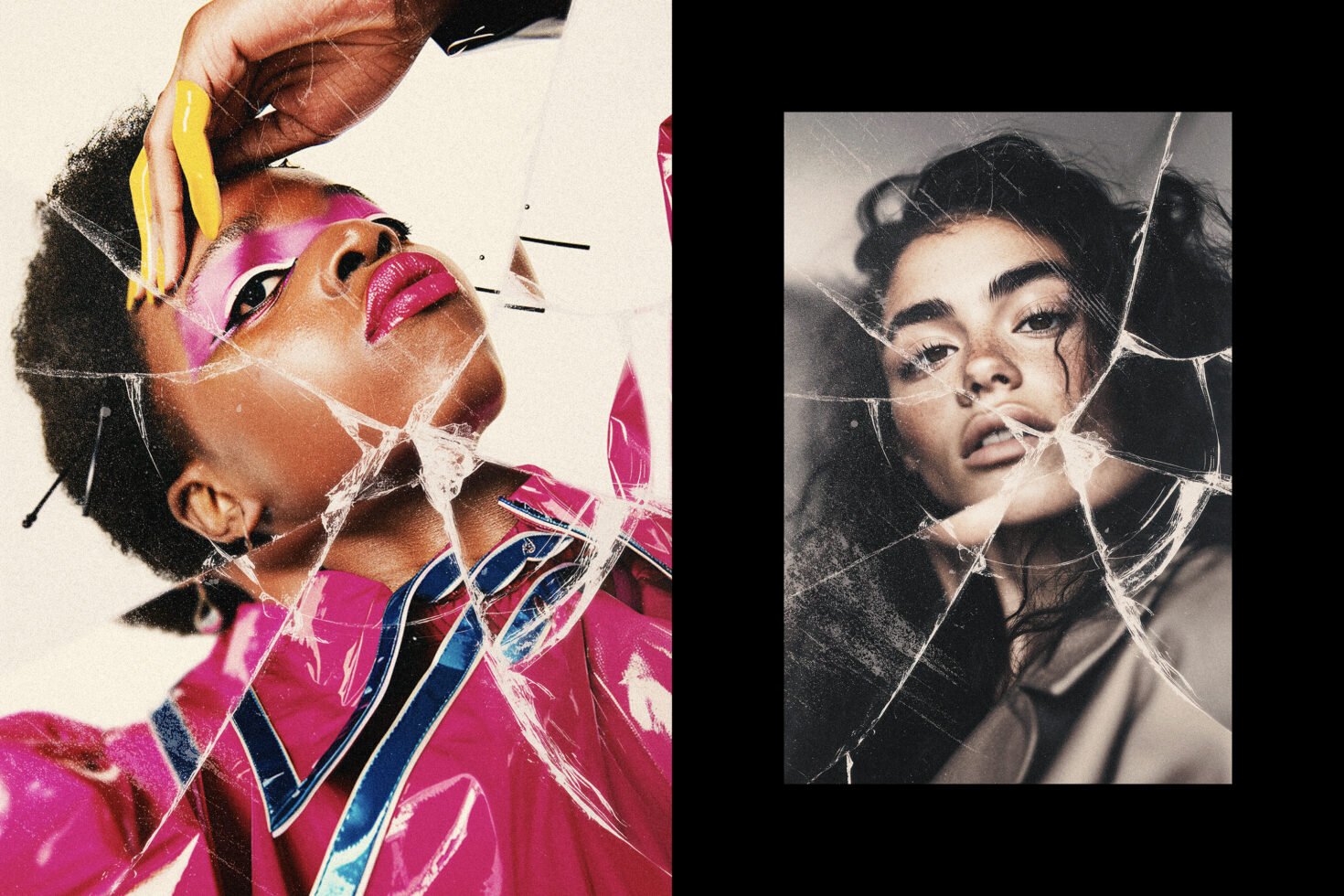 Contrast fashion portraits with cracked glass effect. Vibrant colors and textures make this image suitable for artistic design projects. Ideal for graphics.