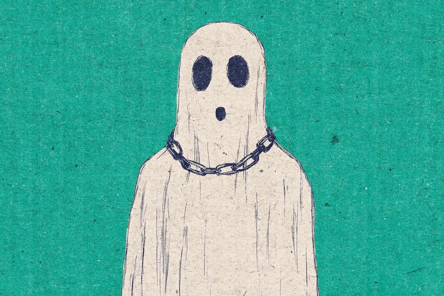 Illustration of a ghost with chain on neck on a textured green background. Suitable for graphics designers seeking creative horror-themed assets for projects.