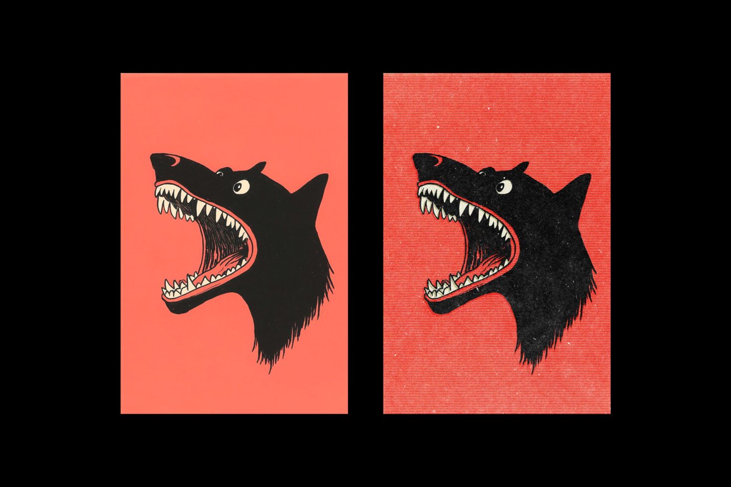 Illustration of black wolf head with open mouth on textured red background. Ideal for graphic design assets branding digital art projects in Templates.