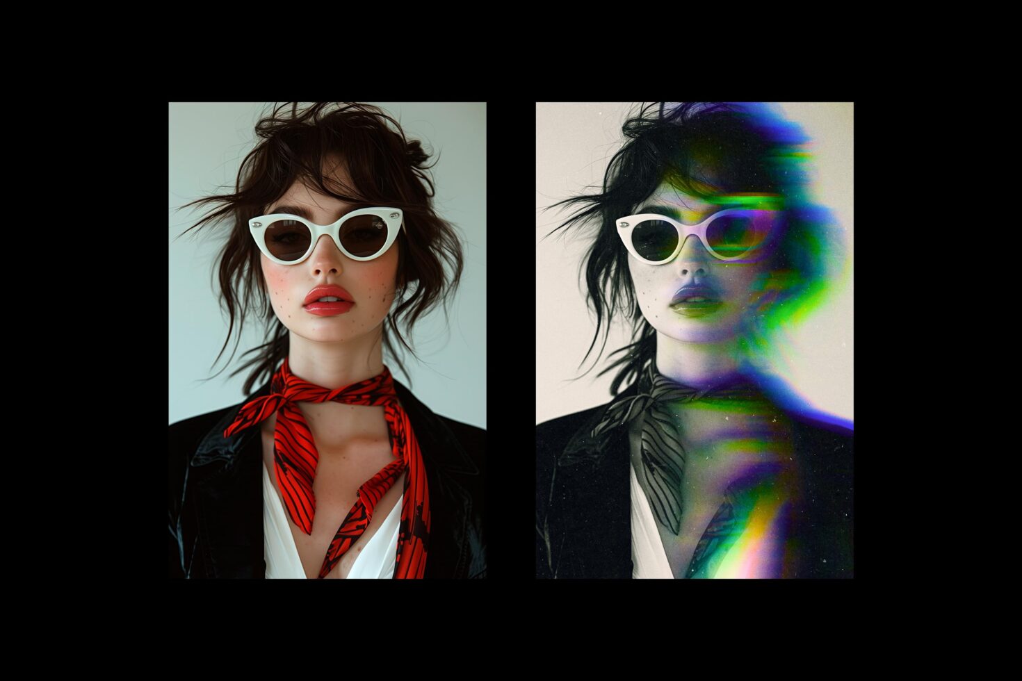 Fashion portrait with dual exposure effect. Woman wearing sunglasses and red scarf, creative graphic perfect for design templates and digital assets.
