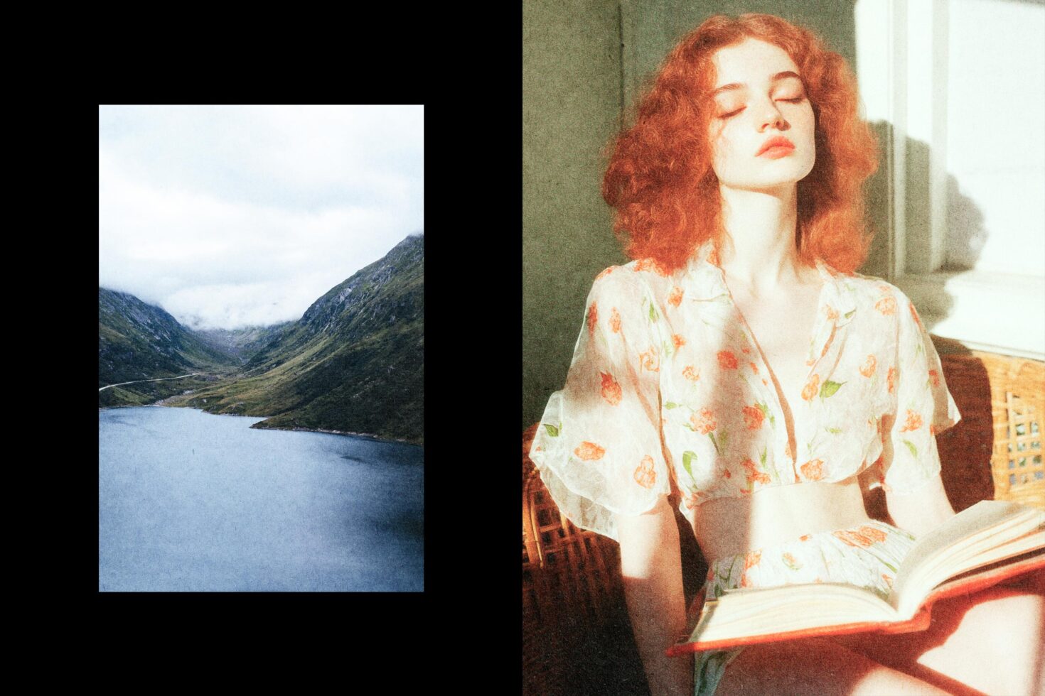 Vintage-style photo collage featuring a serene mountain lake and a woman reading in sunlight. Perfect for mockups and graphic design elements.