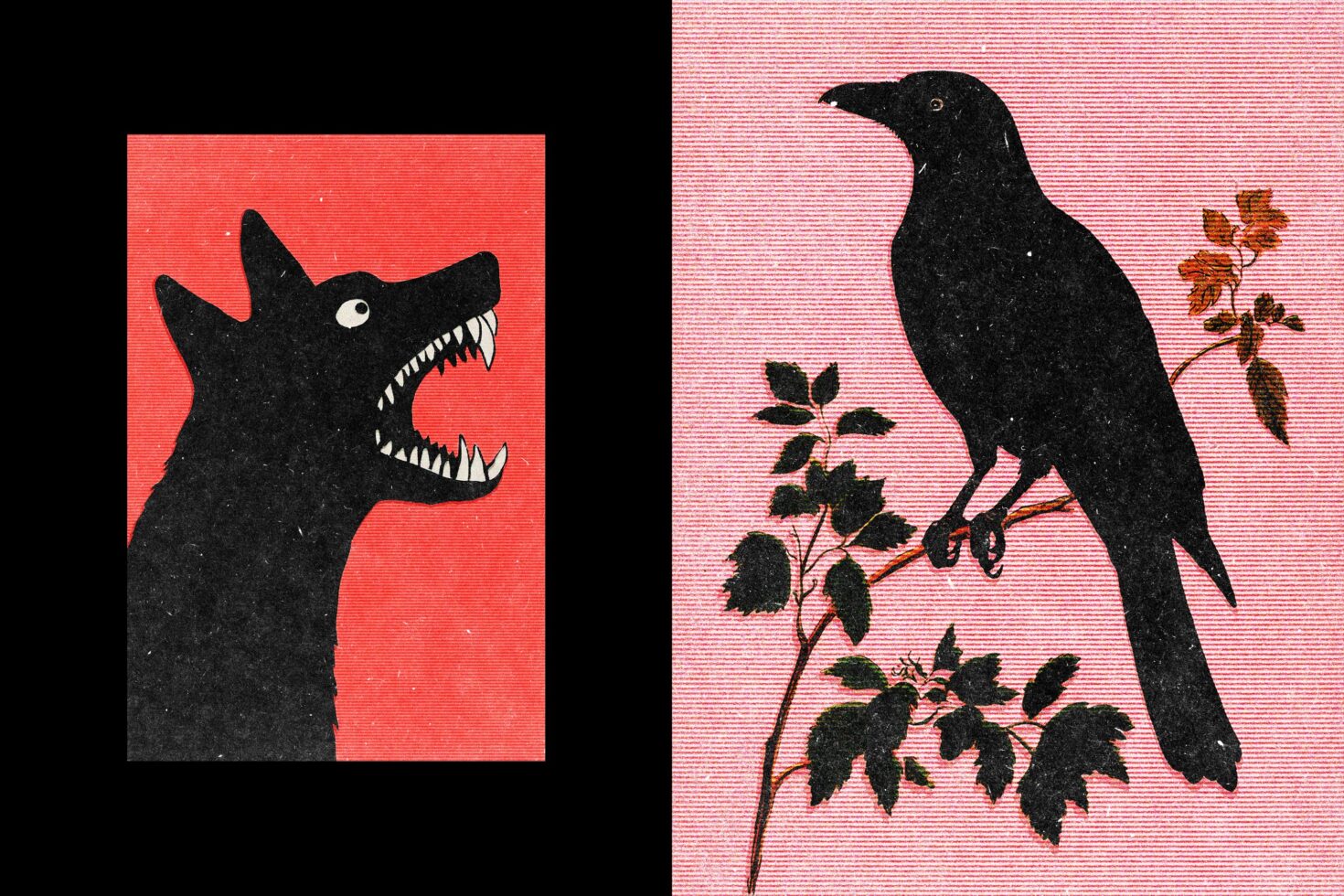 Illustration of a silhouetted wolf against a red background and a crow on a branch over pink texture. Ideal for graphic templates or artistic elements.