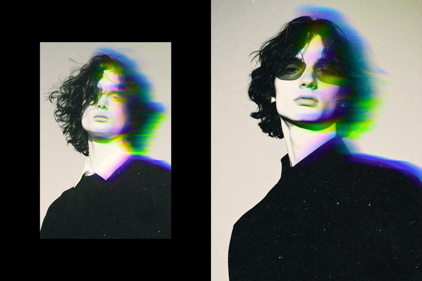 Retro glitch effect portrait with vibrant colors on grayscale image perfect for graphic design mockups and creative templates digital asset use.