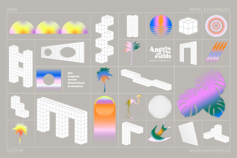 Grid of 80s retro vector elements including isometric cubes, gradient flowers, neon sun, colorful palm trees
