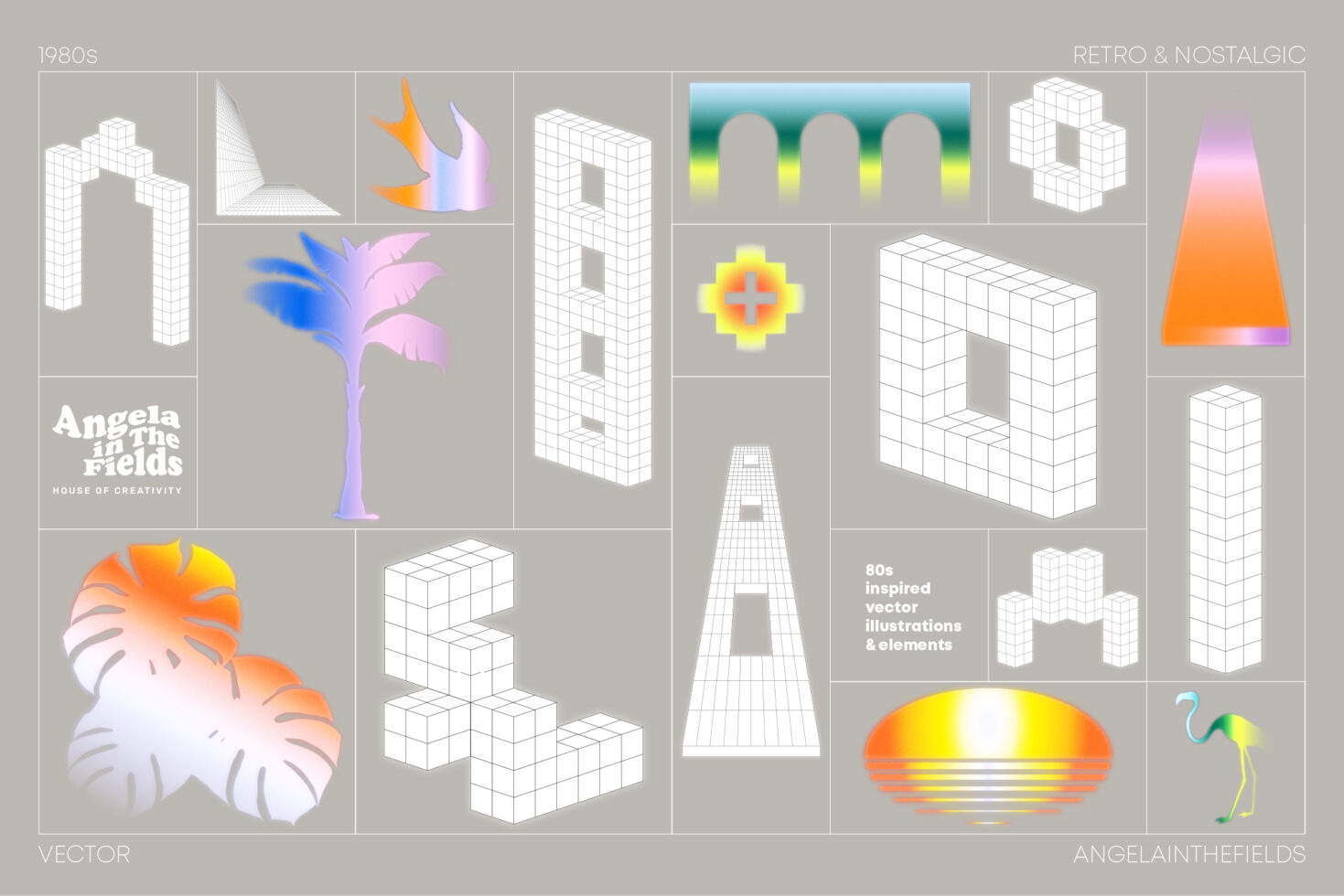 Retro vector collage with geometric shapes and vibrant colors inspired by 80s design. Ideal for designers in search of nostalgic graphic elements.