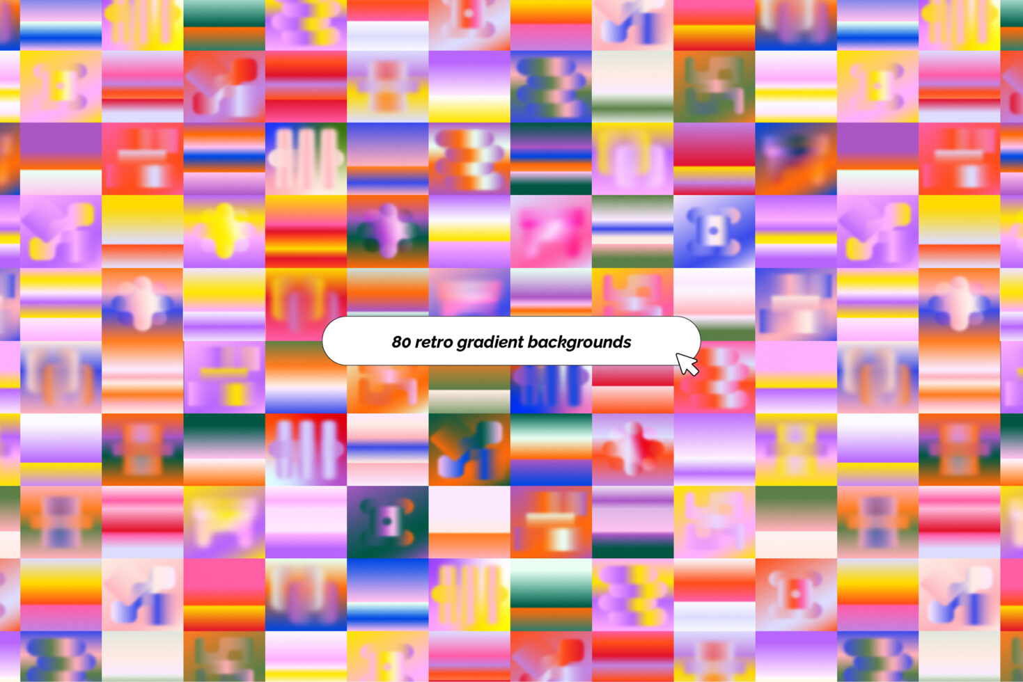 Colorful retro gradient backgrounds collection for designers featuring 80 vibrant abstract patterns suitable for digital assets and graphic design templates.