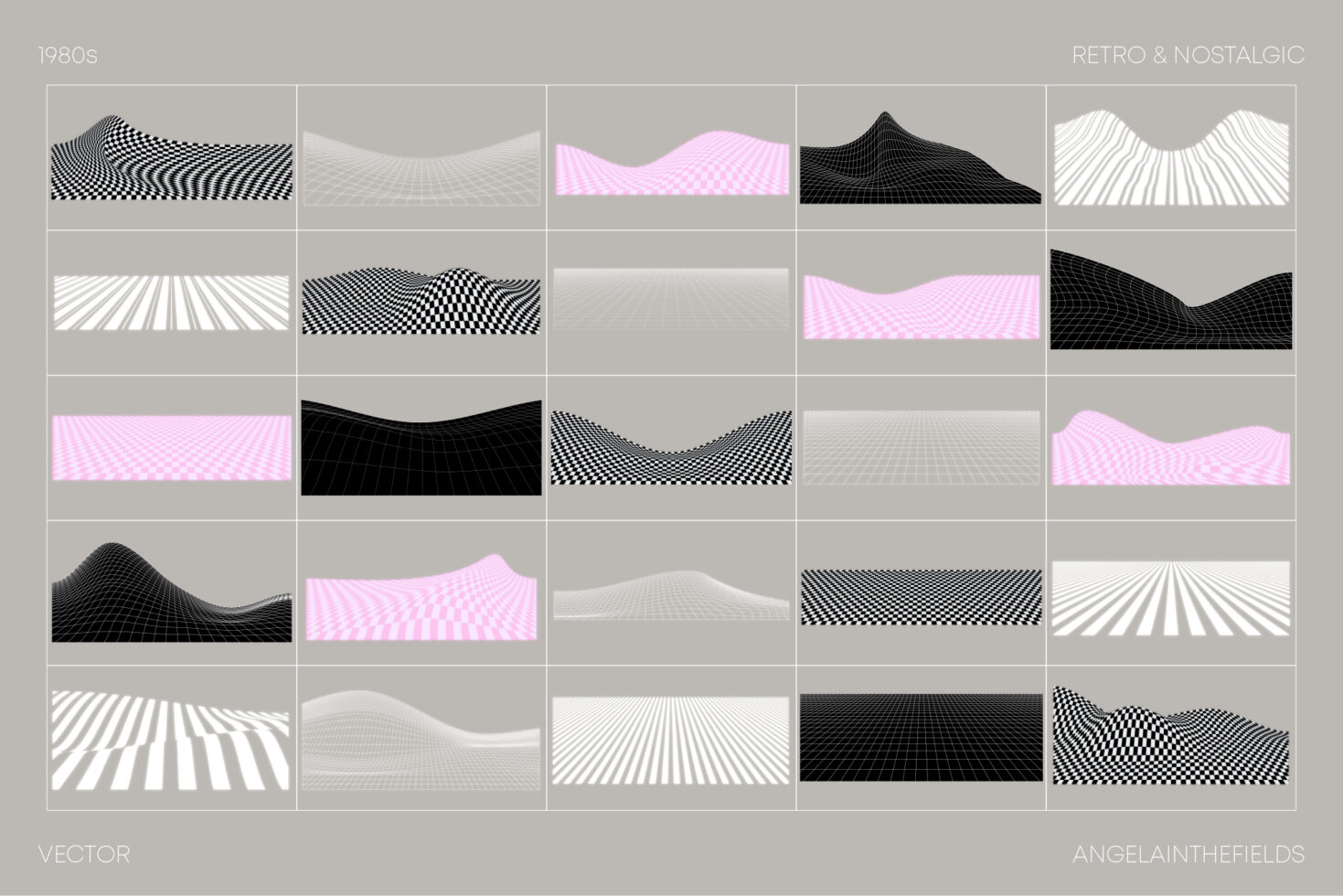Retro 1980s inspired vector graphics set featuring abstract waveforms and checkerboard patterns in pink black and white. Perfect for nostalgic designs.