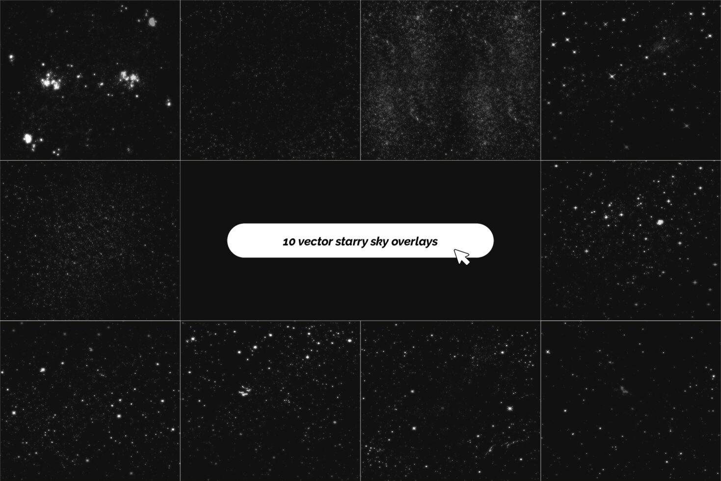 10 vector starry sky overlays for designers featuring various galaxy patterns. Ideal for graphic projects. Enhance designs with a cosmic night theme.