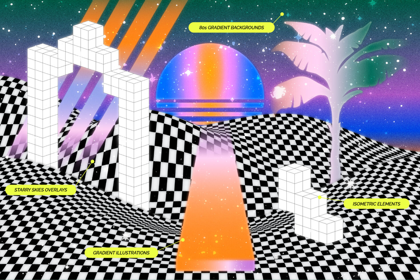 Retro-futuristic design featuring 80s gradient backgrounds starry skies isometric elements and checkered patterns perfect for graphic design projects.