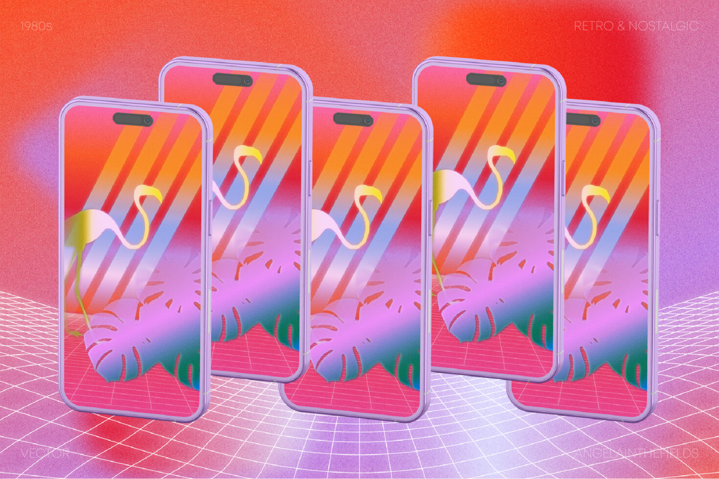 Retro 1980s phone mockup showcasing vibrant holographic flamingo design on screen. Perfect for graphic designers seeking nostalgic elements and aesthetics.