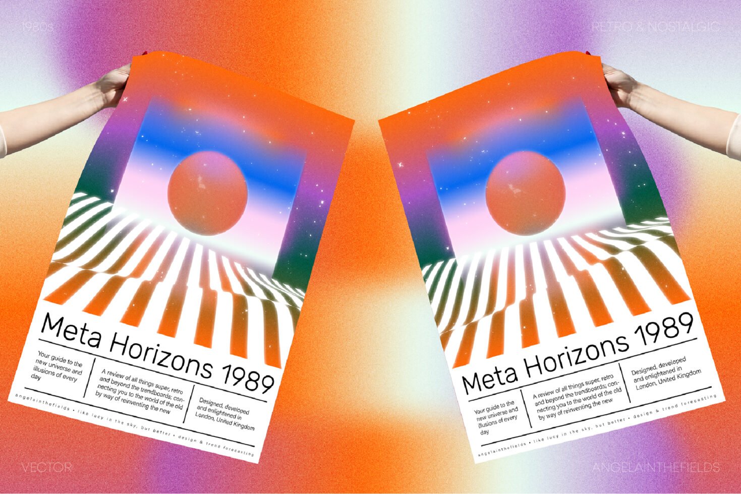Digital poster design with retro 1980s vibes featuring a vibrant sunset, cosmic elements, and bold typography. Suitable for graphics designers.
