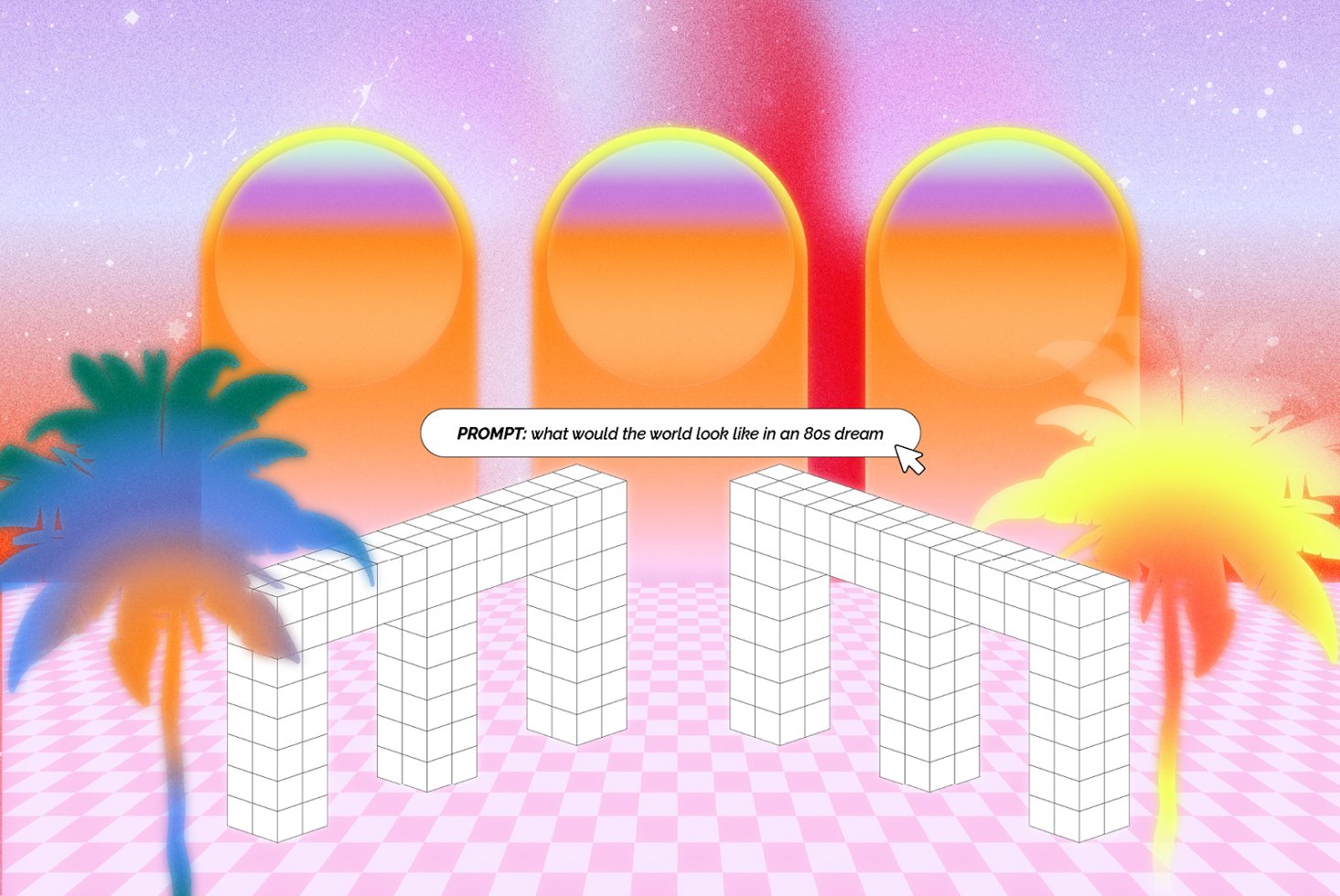 Retro 80s dreamscape with vibrant sunset gradients, pixelated grid arches, and palm trees, ideal for graphic design, mockups, templates, vintage aesthetics.