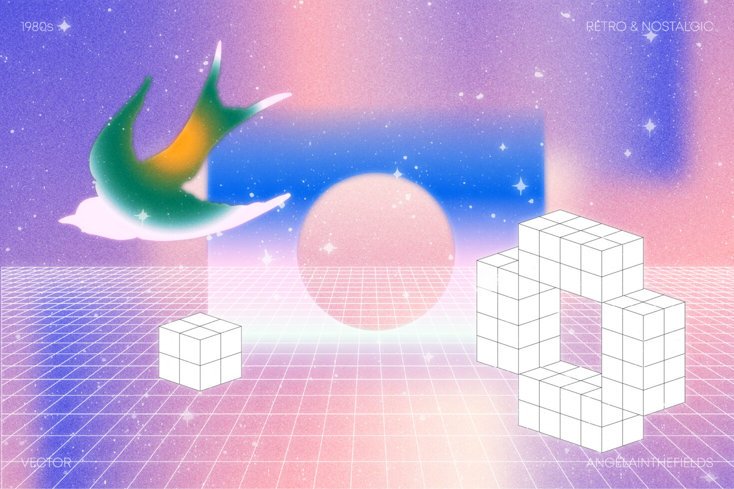 Retro 1980s vector art with vibrant gradients features a bird, geometric cubes, and a grid landscape ideal for graphics and design projects.