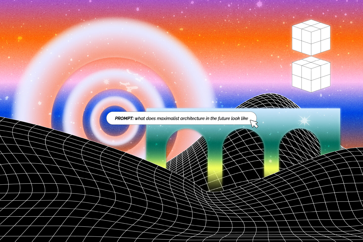 Digital futuristic landscape with vibrant colors and geometric patterns; ideal for designers seeking inspiration in graphics and templates.