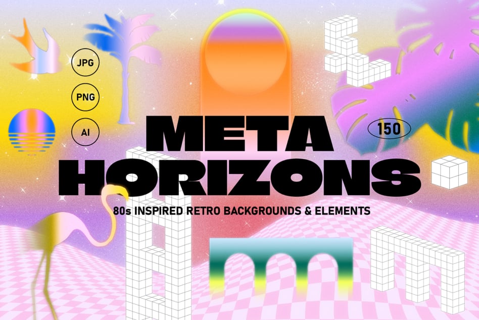 Colorful 80s retro gradient backgrounds with geometric shapes, grid cubes, palm leaves