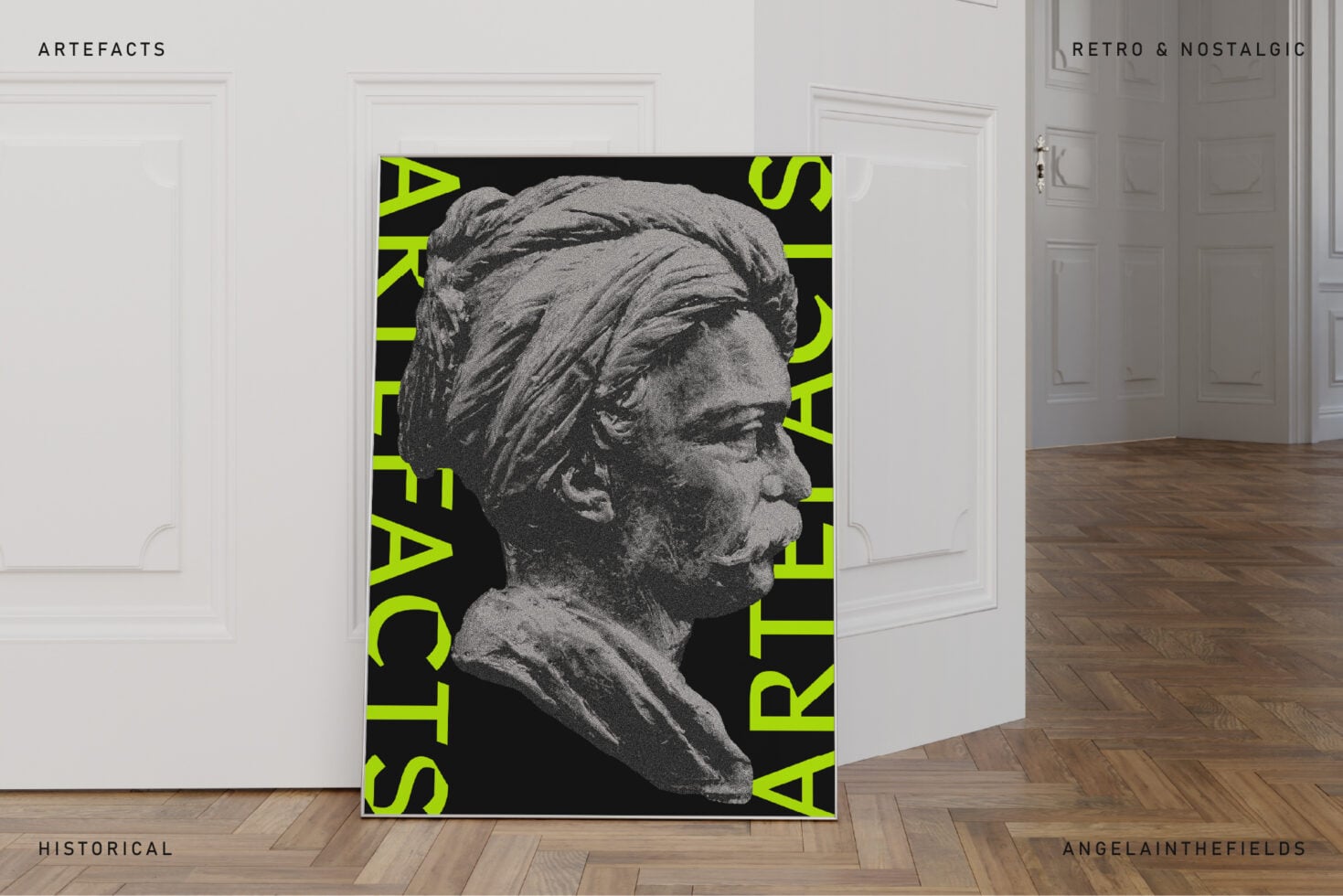 Gallery poster showing stone bust profile with neon green typography