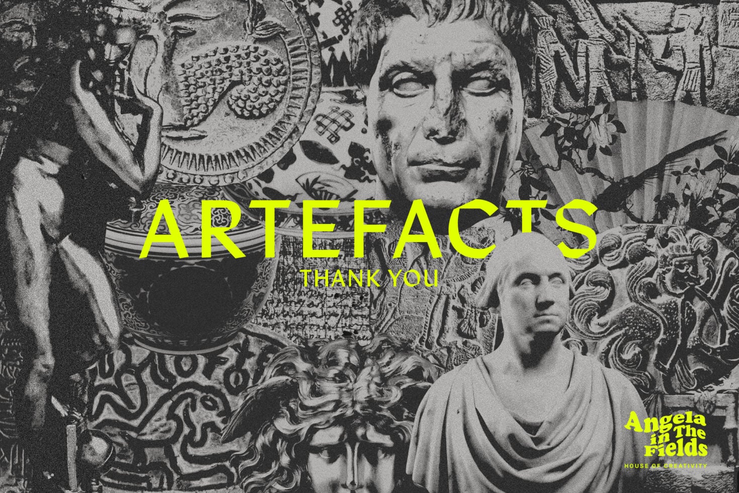 Black white collage with classical busts, ornaments, neon yellow text overlay