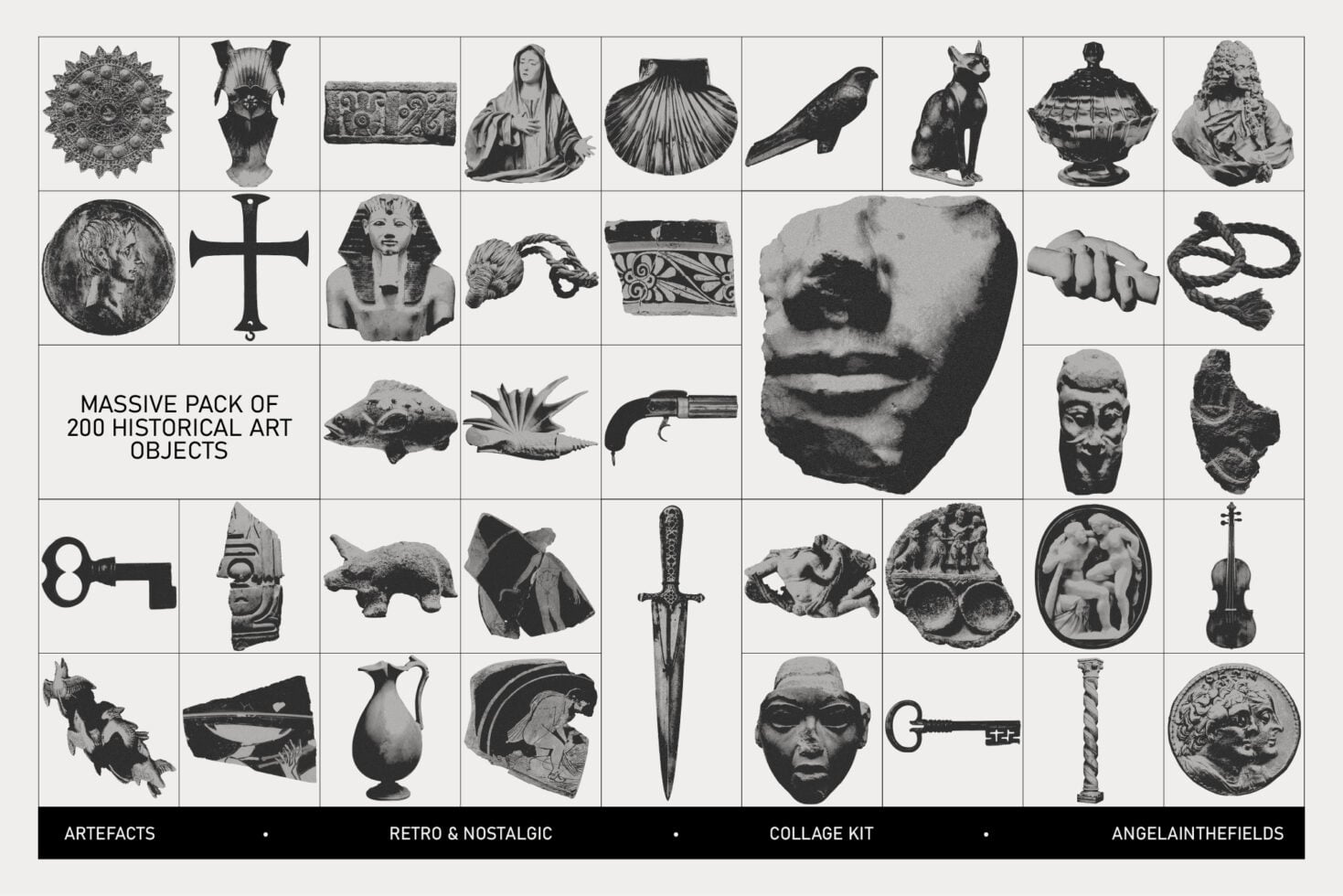 200 vintage artifact illustrations including faces, coins, shells, crosses, swords, sculptures
