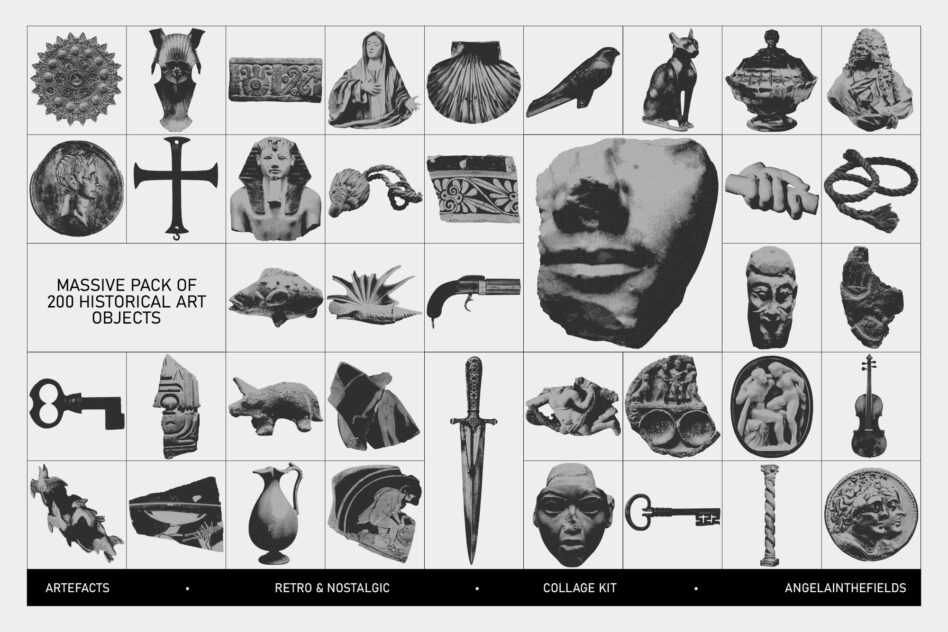200 vintage artifact illustrations including faces, coins, shells, crosses, swords, sculptures