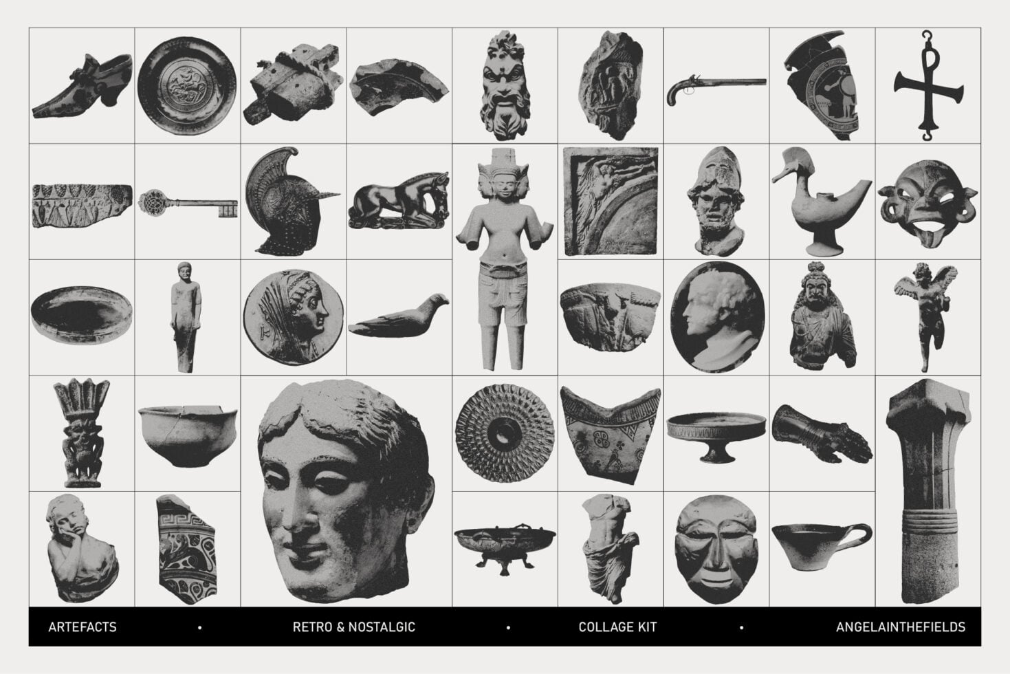 Grid of vintage sculptures, coins, masks, busts, pottery, tools, statues in black monochrome