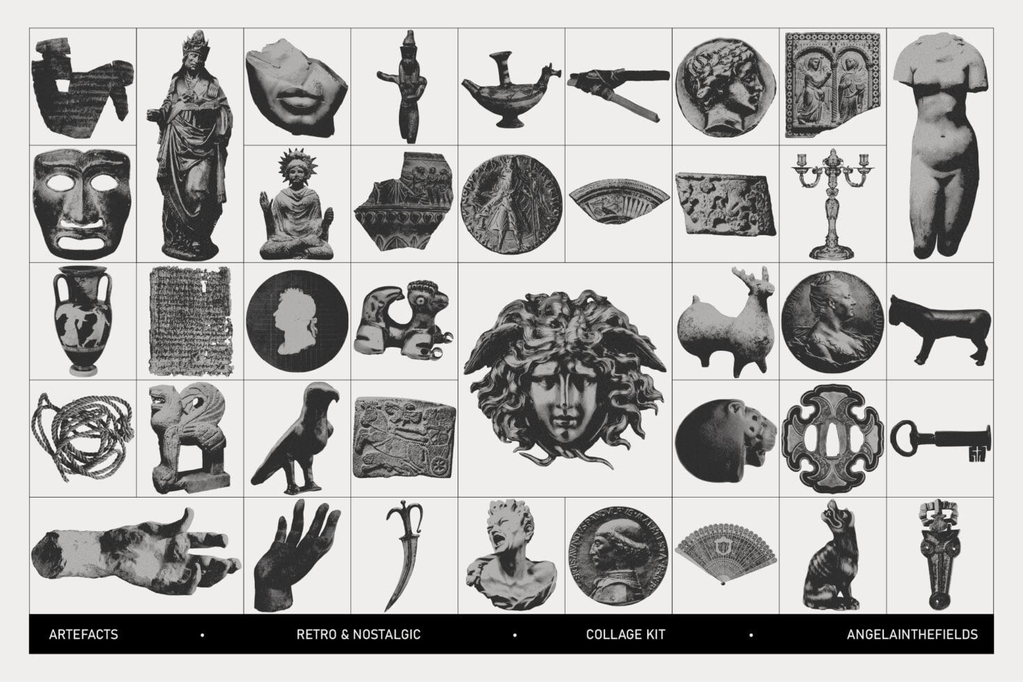 Grid of 40 classical artifact photos busts coins sculptures faces statues