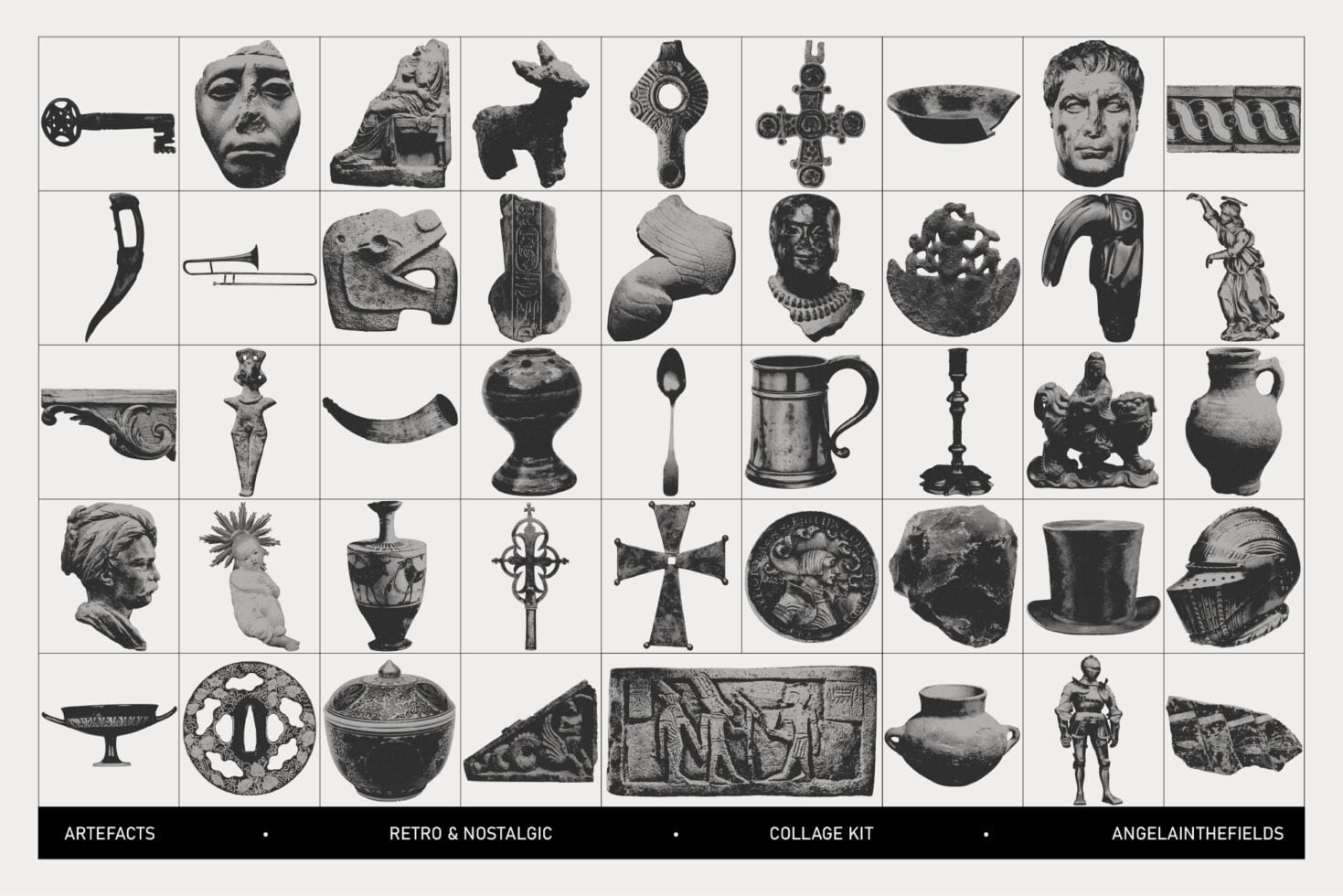 Grid of 50 archival artifact images masks vessels tools ornaments