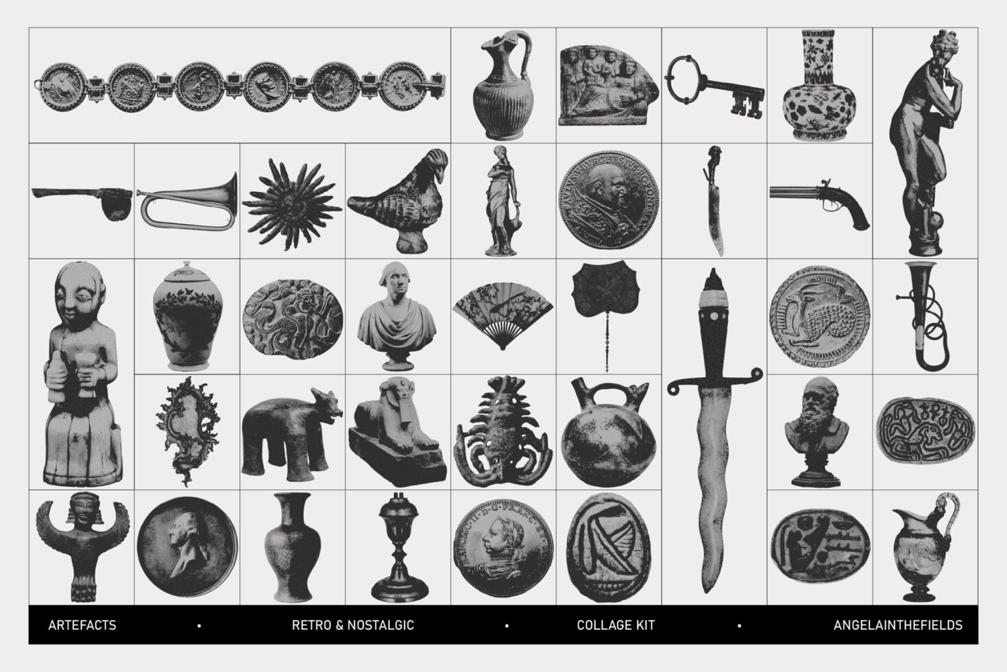 Grid of 45 classical sculpture coins masks urns weapons statues