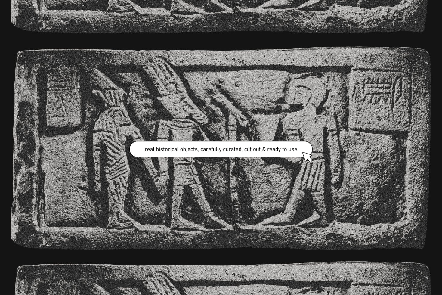 Stone relief carving of historical figures with tooltip explaining curated museum objects inside