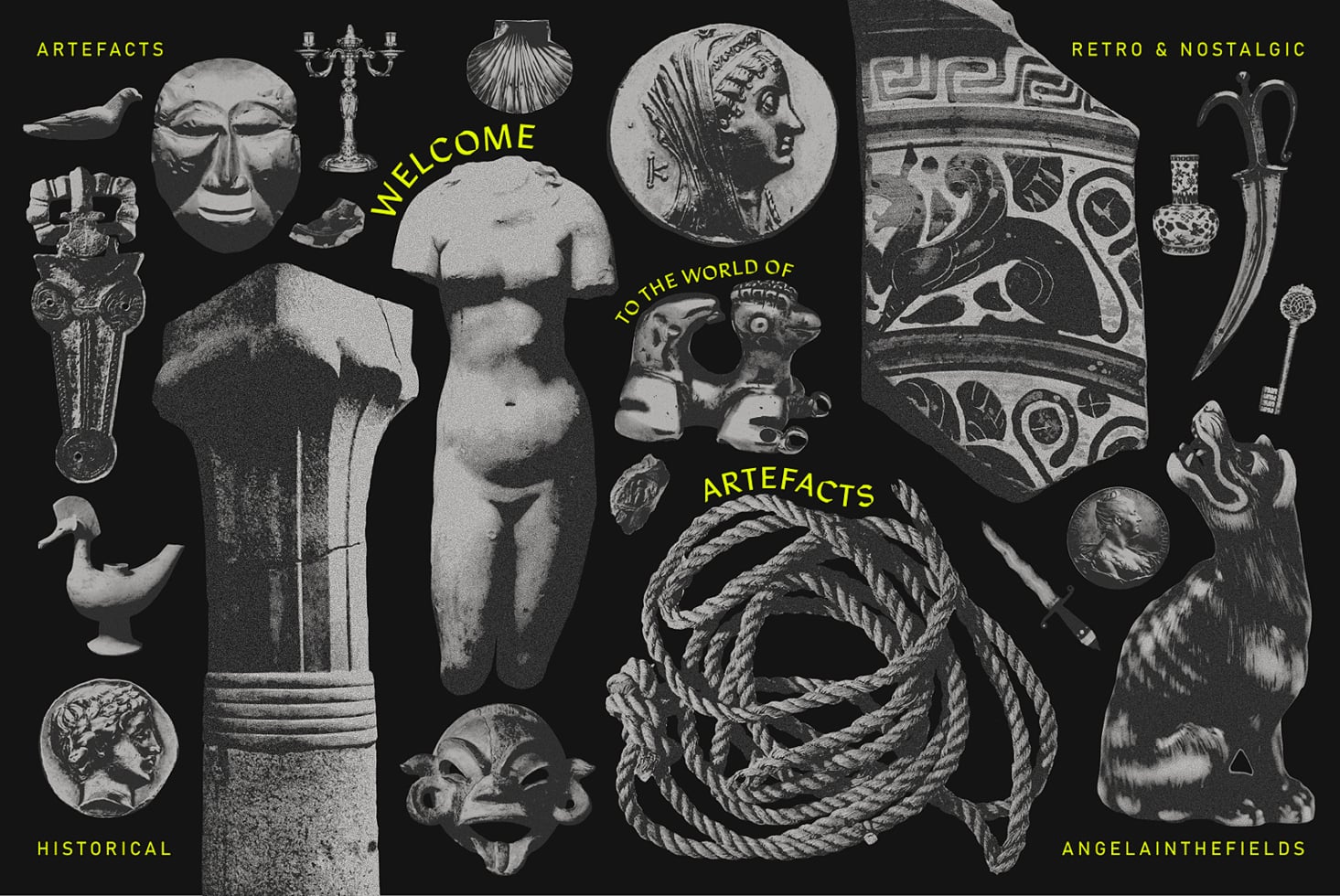 Black background with scattered historical artifacts, neon yellow welcome text scattered throughout