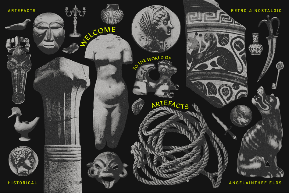Black background with scattered historical artifacts, neon yellow welcome text scattered throughout